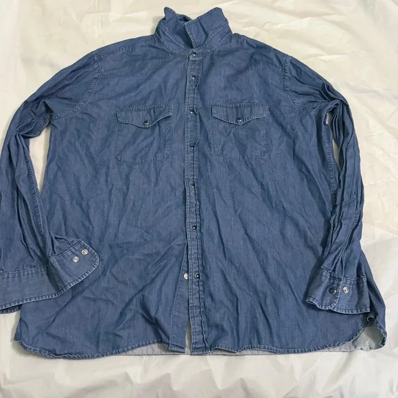 Brooks Brothers Mens Red Fleece Western Denim Shirt XXL Blue Cotton Snap Front