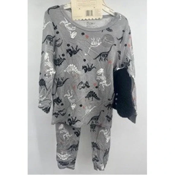 Rabbit Moon NEW Gray Dinosaur Skeleton Bamboo Pajama Set 3pc 24M Sleepwear