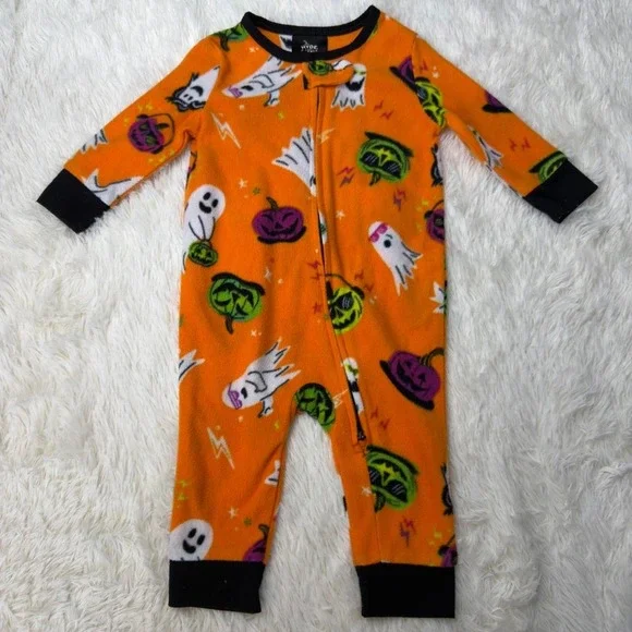 Hyde and Eek Halloween Baby Fleece Pajama Jumpsuit Orange Ghost Pumpkin 3-6M
