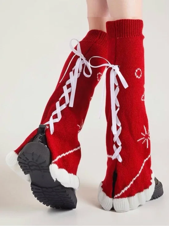 Red Lace-Up Knee-High Knit Leg Warmers with White Ribbon