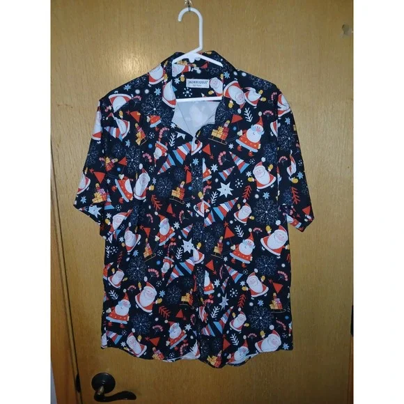 J&D Huashia Mens Large Christmas Shirt Santa Claus Button Up Holiday Hawaiian