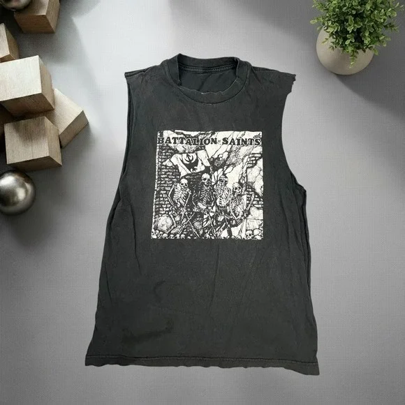 Vintage Battalion of Saints Muscle Tee Black Punk Rock Cutoff Shirt 90s Y2K