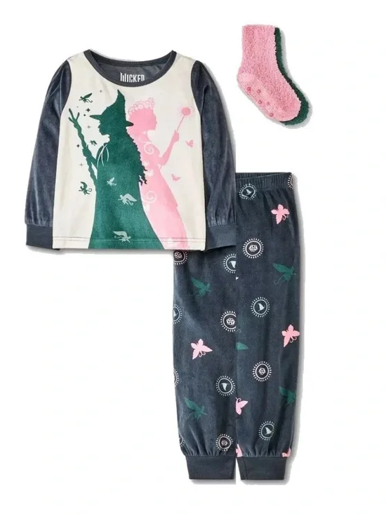 Wicked Toddler Girl's Glinda & Elphaba Soft Pajama Set with Socks With Grippers