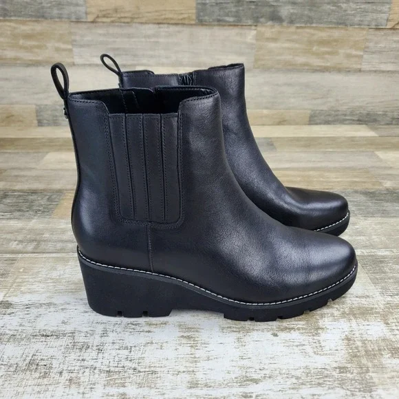 Vionic Aria Womens Wedge Ankle Booties Sz 9 M Black Leather Mid-Top Pull On