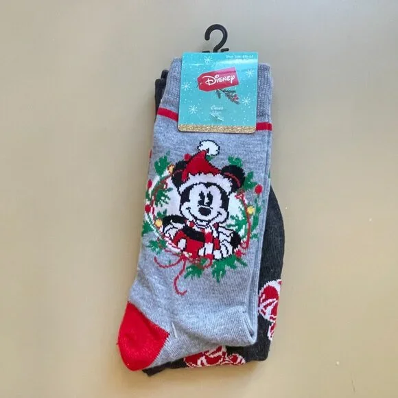 New Disney Christmas Socks Set of 2 Pair Mickey Mouse Holiday NWT