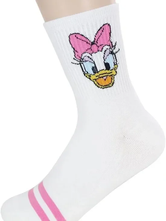 New Women’s White Crew Socks with Daisy Duck Face and Pink Bow