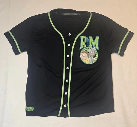 Rick and Morty Graphic Button Up Shirt Jersey Black Green Dimension C-137