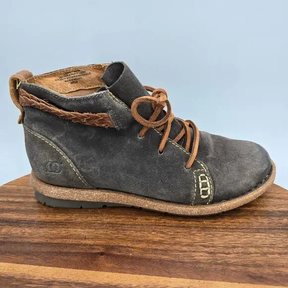 Born Temple Boots Womens 7M Gray Brown Suede Leather Braid Lace Up Ankle Booties