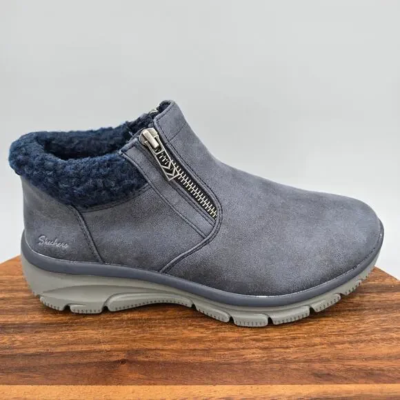 Skechers Boots Womens 7.5 Navy Faux Fur Trim Easy Going Zip Comfort Ankle Bootie