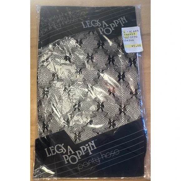 Vintage 1980s Legs A Poppin! Panty Hose RARE Patterned Pantyhose Bow Fishnet NEW