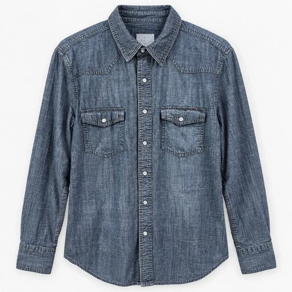 PD&C Mens Denim Western Shirt Blue Pearl Snap Roll Tab PW9ZA0BD Medium