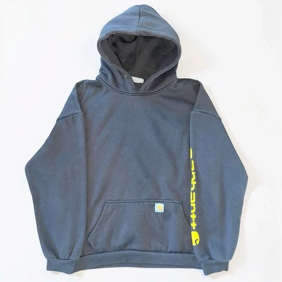 Carhartt WIP Mens L Gray Pullover Hoodie Yellow Sleeve Logo Workwear Hoodie