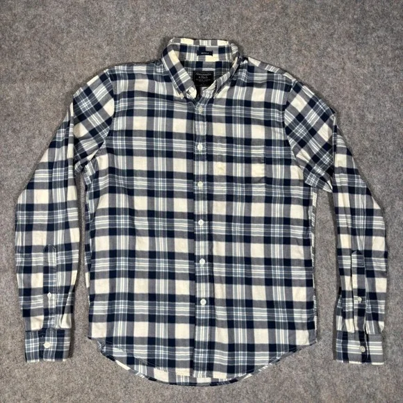 Abercrombie & Fitch Muscle Fit Flannel Mens L Blue White Plaid Button Down Twill