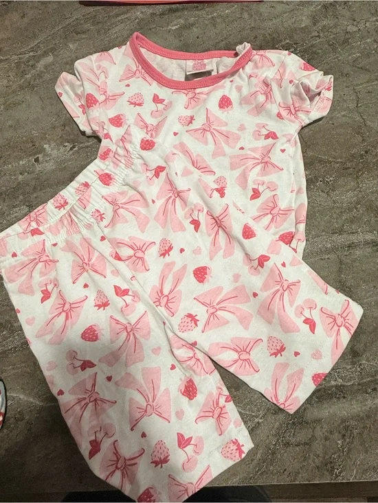 Girls Pink Bow & Strawberry Print Short Pajama Set - Soft Cotton