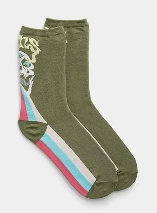 Vans Ticker Socks Crew Skull Print Olivine 1 Pair Womens Size 6.5-10 Nylon