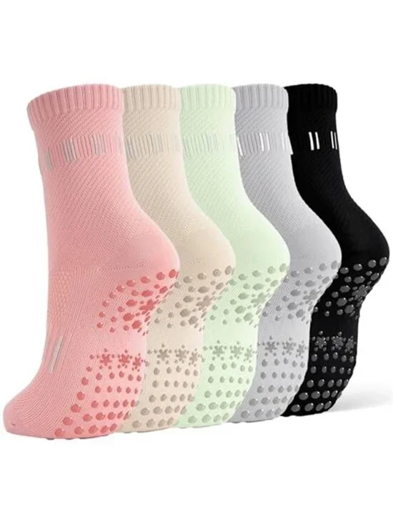5 Pairs Pilates Socks Yoga Crew Socks with Grips for Women Non Slip