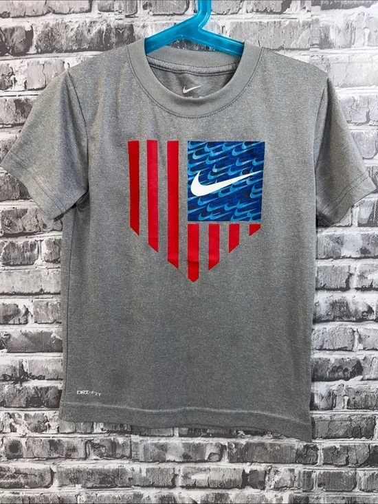 Nike Gray Short-Sleeve Tee with Red Stripes & Blue Graphic