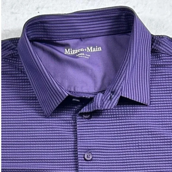 Mizzen+Main Polo Shirt Mens Lg Trim Fit Purple Stripe Performance Golf Stretch