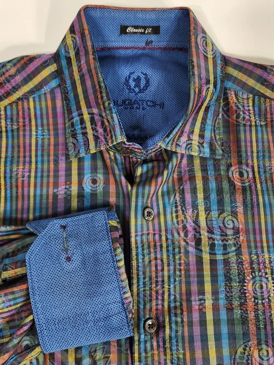 Bugatchi Multicolor Plaid Dress Shirt with Blue Contrast