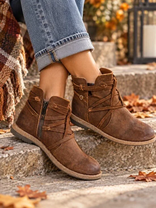 Born Tarkiln Brown Suede Leather Ankle Boots 8 Boho Strappy Side Zip