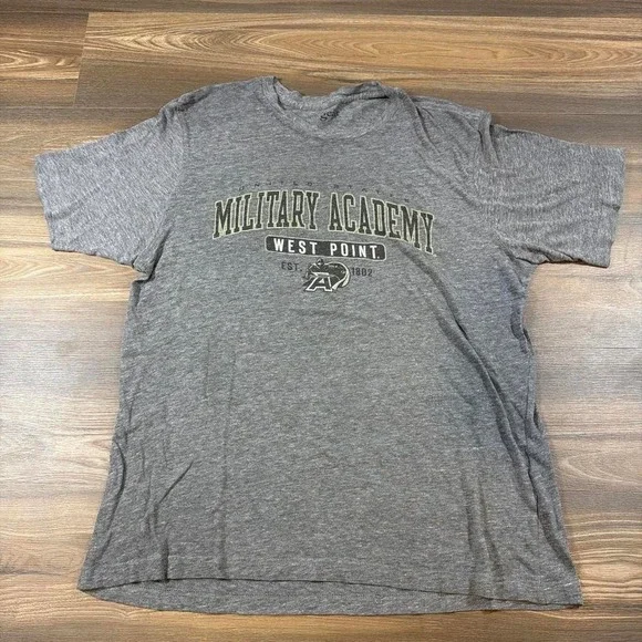 Gray West Point Military Academy t-shirt with 'MILITARY ACADEMY'
