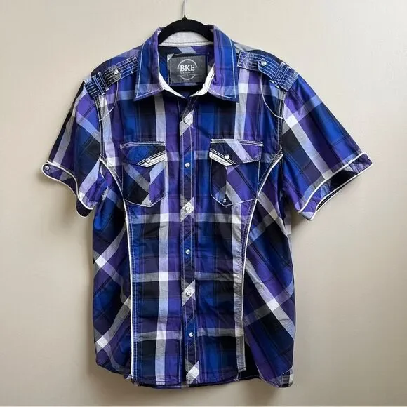 BKE Men's Snap Up Short Sleeve plaid western Shirt Size L