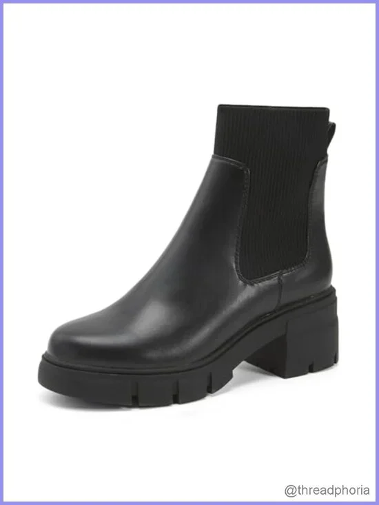 PU Faux Suede Chelsea Ankle Booties Chunky Block Heel Platform Lug Sole