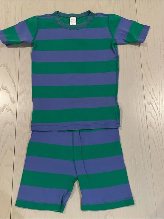 Hanna Andersson Contrast Striped Short John Pajama Set Blue Green - Size 14 160