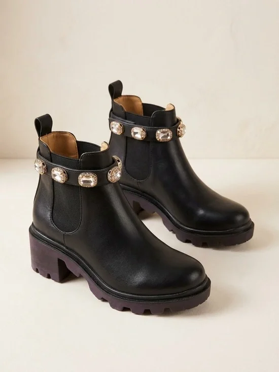 Black Jeweled Chelsea Lug Boot - Women's