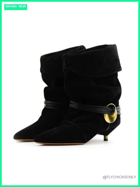 Slouchy Pointed Toe Kitten Heel Ankle Booties Suede Pull-On Wide Calf