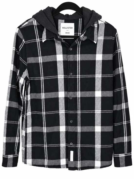 Hollister Black & Gray Plaid Hooded Flannel Shirt – Medium
