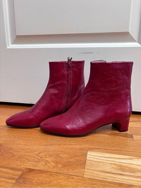 Women's Red Leather Ankle Boots - Stylish Low Heel