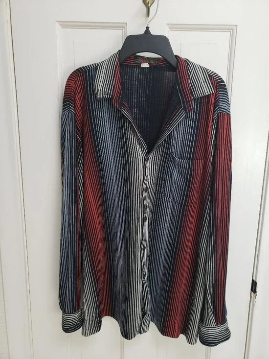 Vintage Hilton Striped Button Down Shirt Mens XL Black Red Cotton Retro 70s Vibe