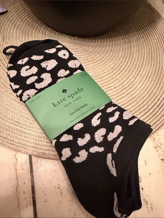 kate spade Black Low-Cut Socks with Cream Leopard Spots, Pink & Grey 3 pairs