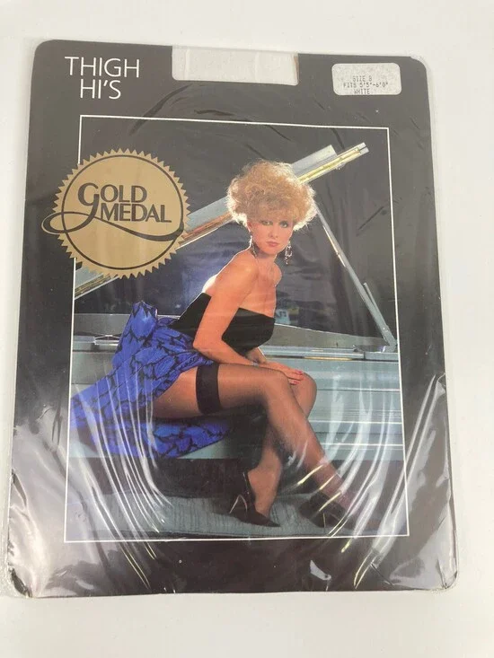 VTG 80s NOS Gold Medal Thigh Hi White Nylon Stocking Pantyhose Sz B - 5'5