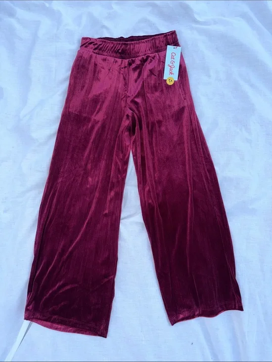 Cat & Jack Girls' Maroon Velvet Wide-Leg Dress Pants