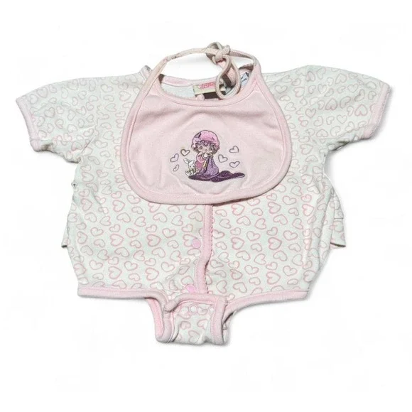 Vintage Precious Moments Baby Romper Bib Set 6/9M Pink Hearts Ruffle Bunny