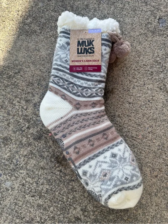 Muk Luks Women’s Cabin Socks - Cream, Gray & Brown Neutral Cozy Slipper NWT