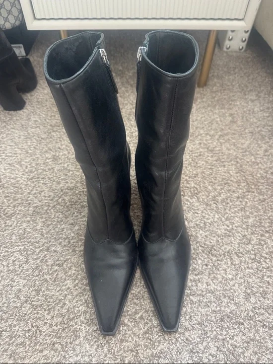 SCHUTZ Black Pointed-Toe Mid-Calf Leather Boots