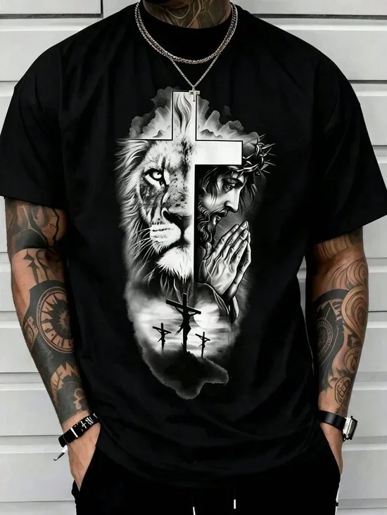 Black Casual Men's Lion Cross Print T-shirt