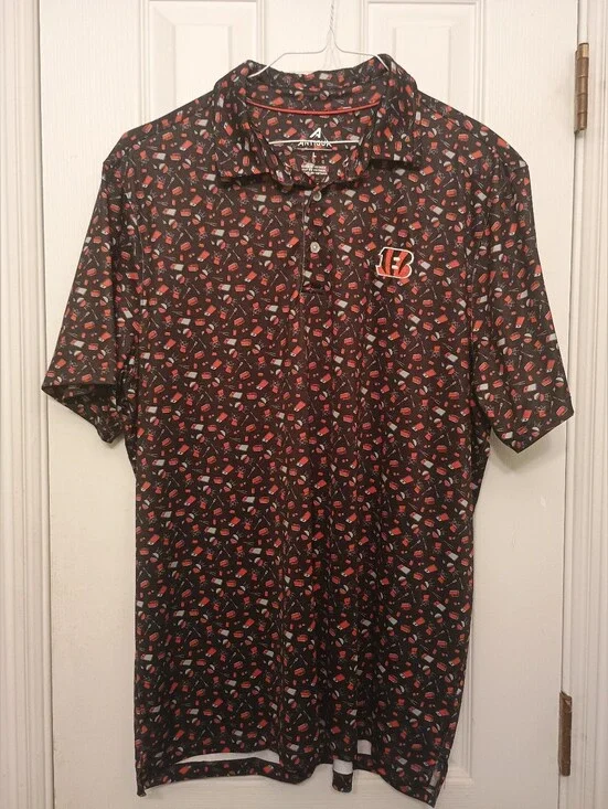 Antigua Men's Black & Orange Bengals Logo Tailgate Polo Shirt Size Large See