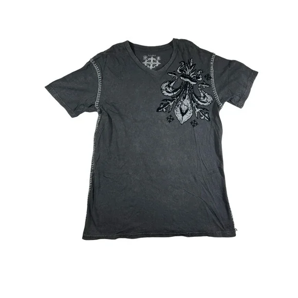Raw State Mens XL V-Neck T-Shirt Faded Black Winged Cross Flocked Graphic Y2K