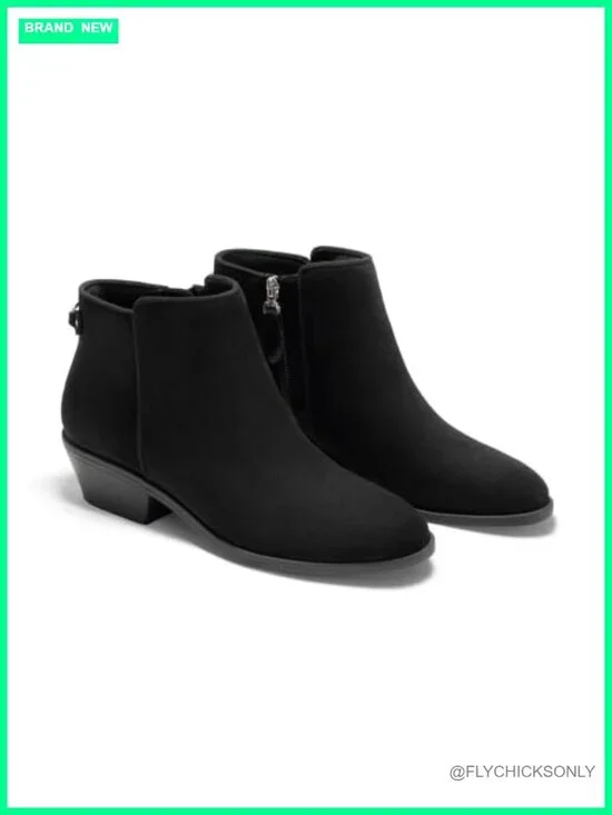 Women's Faux Suede Ankle Boots Chunky Low Heel Pointed Toe Side Zipper