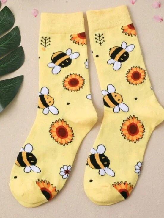 Yellow Bee Sunflower Daisy Floral Print Crew Mid-calf Socks Spring Summer Socks