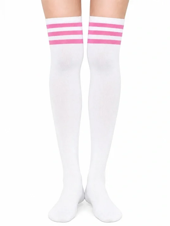 White & Pink Striped Thigh High Over the Knee Socks