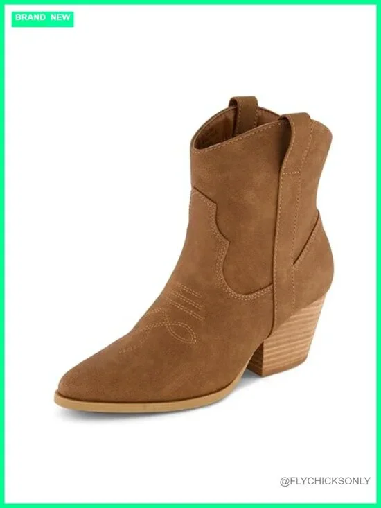 Western Ankle Bootie Faux Leather Memory Foam Stacked Heel Pointed Toe
