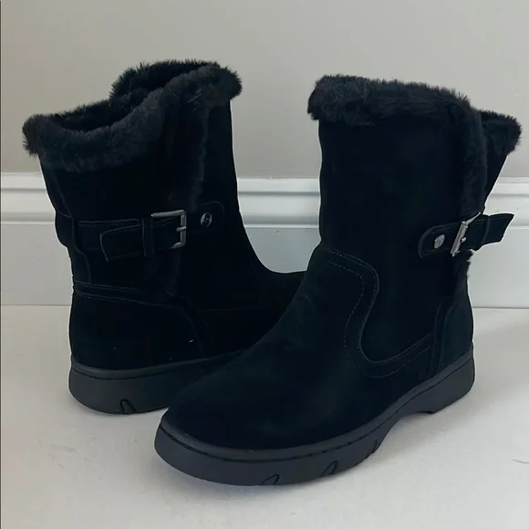 Easy Spirit Segraye Black Genuine Leather Faux-Fur Lined Winter Boots, Size 8 W