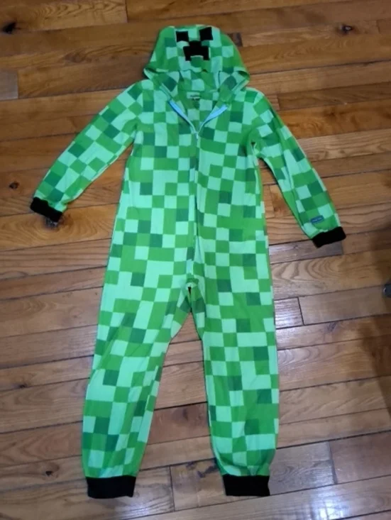 Kids Minecraft Green Pixel-Print One-Piece Hooded Pajamas