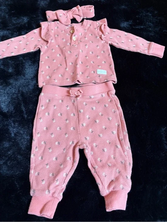Pink Floral Knit Two-Piece Kids Pajama Set with Headband