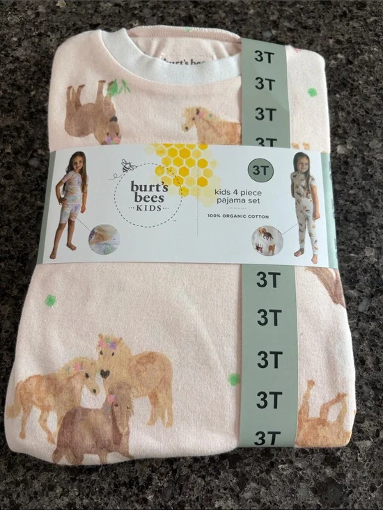 Burt's Bees Kids Light Pink Horse and White Ice Cream Print Pajama Sets - 3T NWT